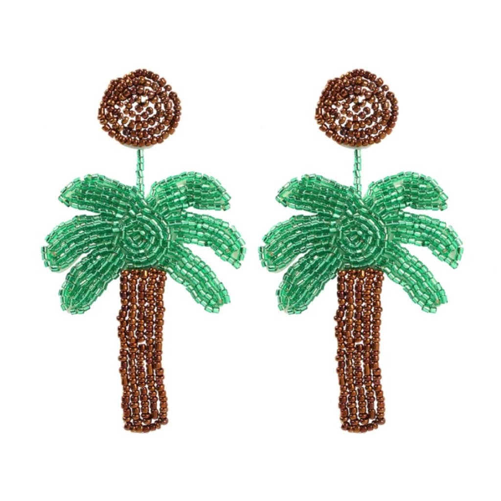 Green Brown Cute Beaded Palm Tree Drop Earrings 25$
